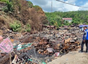 petugas meninjau lokasi kebakaran permukiman warga di desa batu timbau kutai timur