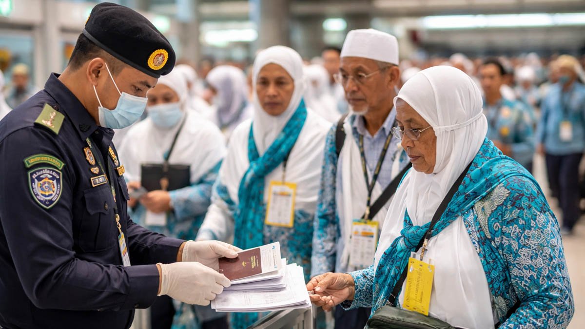 petugas memeriksa dokumen calon jemaah haji di bandara