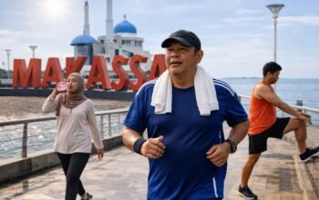 warga olahraga di pantai losari makassar saat cuaca panas