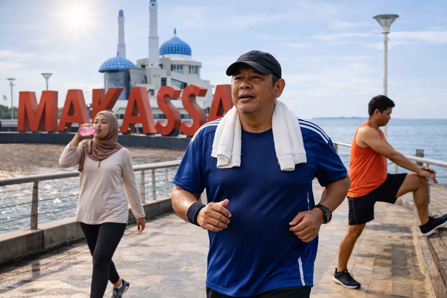 warga olahraga di pantai losari makassar saat cuaca panas
