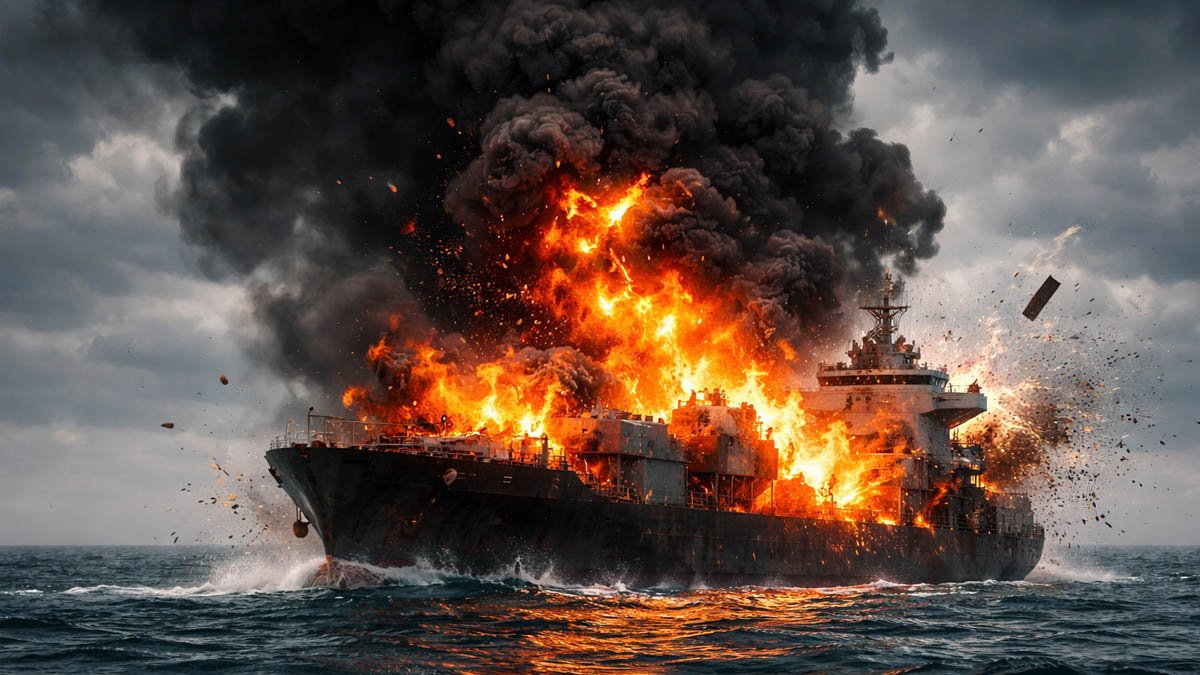 ilustrasi kapal meledak di laut arab mv gold autumn