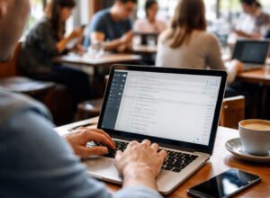 Terungkap, Kebiasaan Sepele Ini Diam-Diam Bikin Data Pribadi Bocor Tanpa Disadari seseorang menggunakan laptop di ruang publik dengan koneksi internet terbuka
