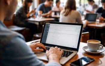 seseorang menggunakan laptop di ruang publik dengan koneksi internet terbuka