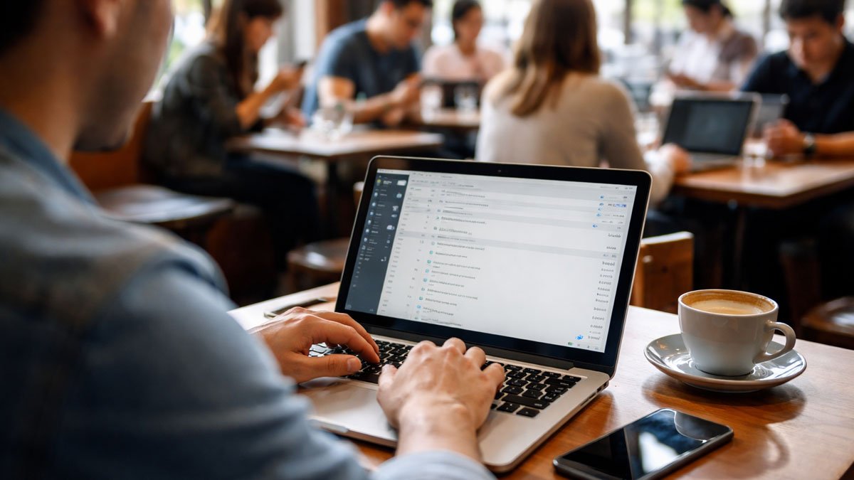 seseorang menggunakan laptop di ruang publik dengan koneksi internet terbuka