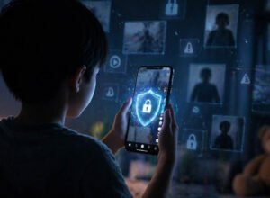 Ilustrasi anak menggunakan ponsel dengan perlindungan digital setelah akun TikTok anak dibatasi