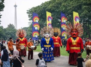 pagelaran ondel-ondel lebaran betawi di lapangan banteng jakarta dengan latar monas