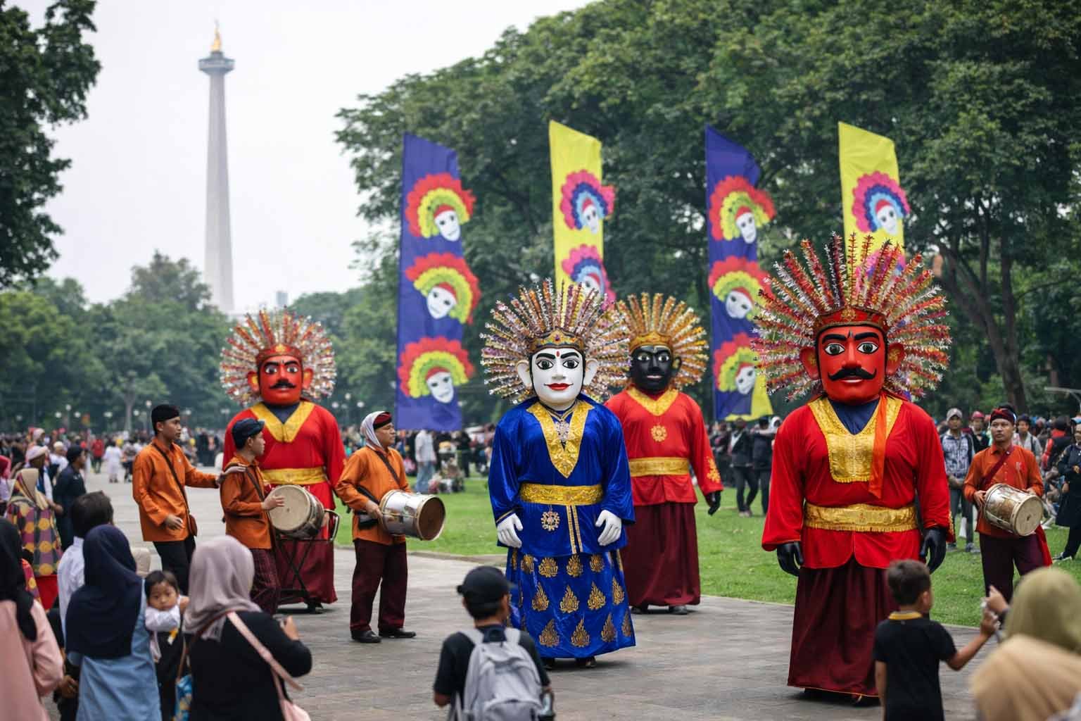 pagelaran ondel-ondel lebaran betawi di lapangan banteng jakarta dengan latar monas
