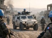 peacekeeper prancis unifil berpatroli di jalan berbatu lebanon selatan