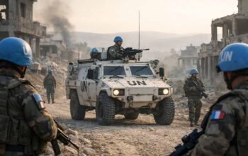 peacekeeper prancis unifil berpatroli di jalan berbatu lebanon selatan