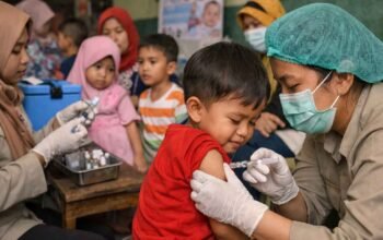 petugas kesehatan memberikan imunisasi campak kepada anak di fasilitas kesehatan