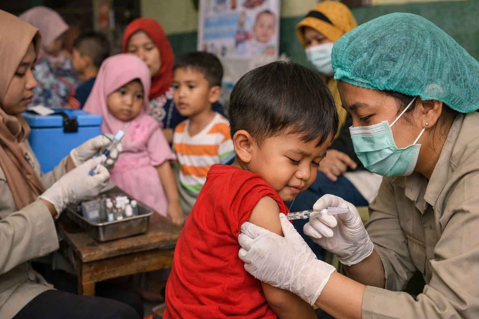 petugas kesehatan memberikan imunisasi campak kepada anak di fasilitas kesehatan
