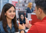 petugas operator membantu pelanggan registrasi sim biometrik dengan verifikasi wajah di gerai