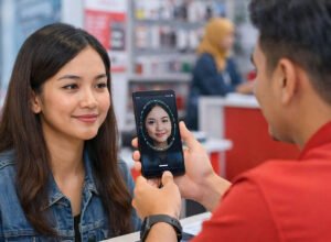 petugas operator membantu pelanggan registrasi sim biometrik dengan verifikasi wajah di gerai