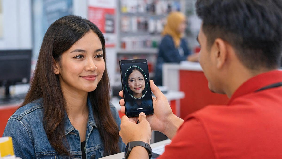 petugas operator membantu pelanggan registrasi sim biometrik dengan verifikasi wajah di gerai