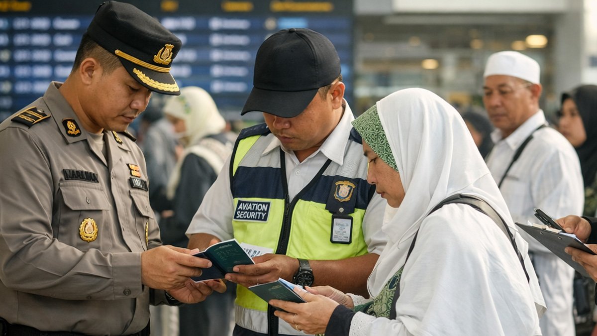 petugas memeriksa dokumen calon jemaah haji di bandara soekarno hatta