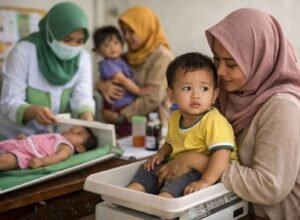 Ibu dan anak mengikuti penimbangan di posyandu untuk pencegahan stunting di Indonesia