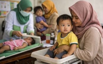 Ibu dan anak mengikuti penimbangan di posyandu untuk pencegahan stunting di Indonesia