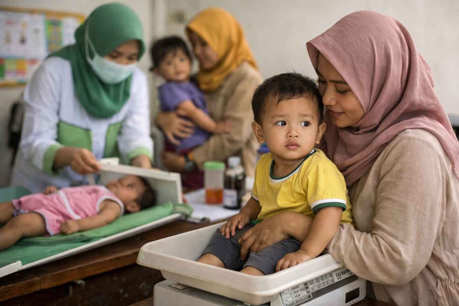 Ibu dan anak mengikuti penimbangan di posyandu untuk pencegahan stunting di Indonesia