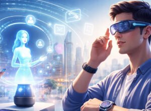 ilustrasi perangkat wearable dan teknologi ai dalam kehidupan digital