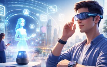 ilustrasi perangkat wearable dan teknologi ai dalam kehidupan digital