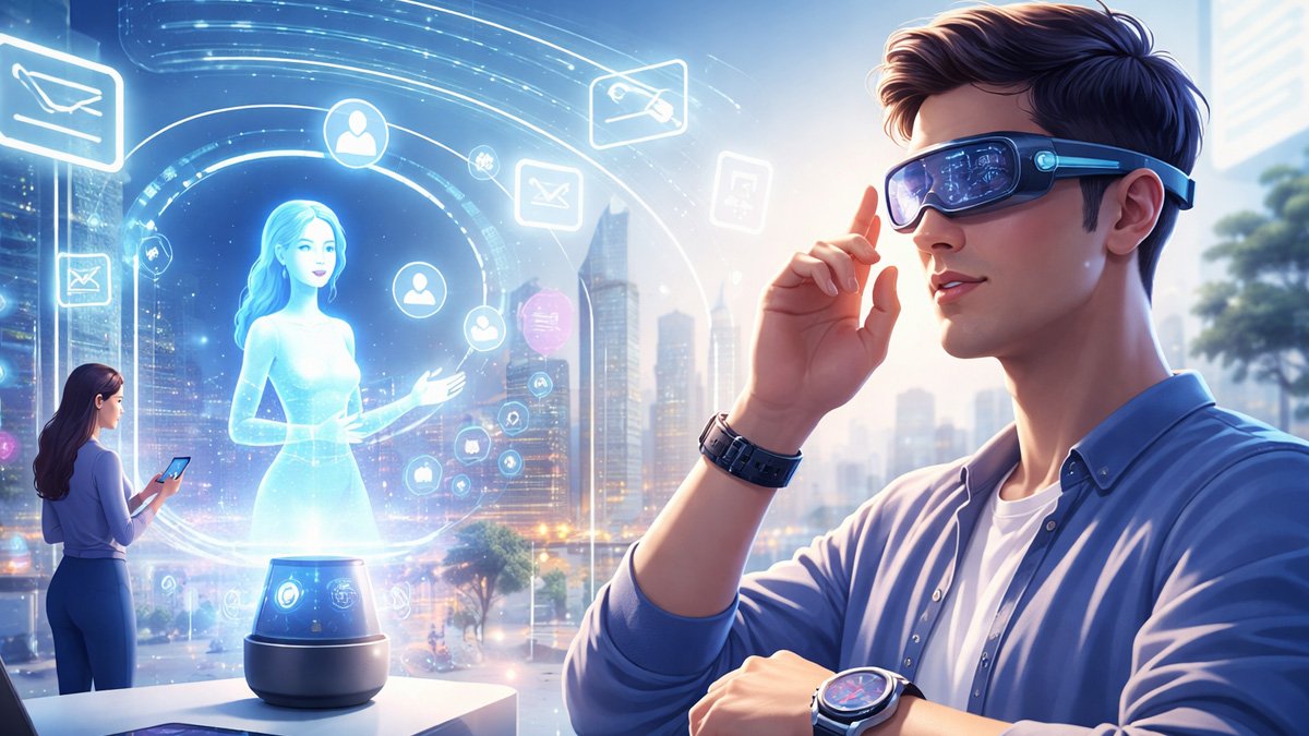 ilustrasi perangkat wearable dan teknologi ai dalam kehidupan digital