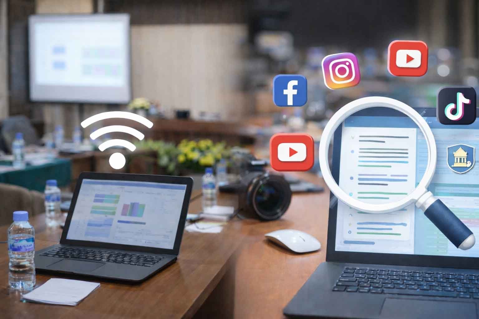 ilustrasi perangkat digital dan media informasi dalam mendukung keterbukaan informasi publik di era digital