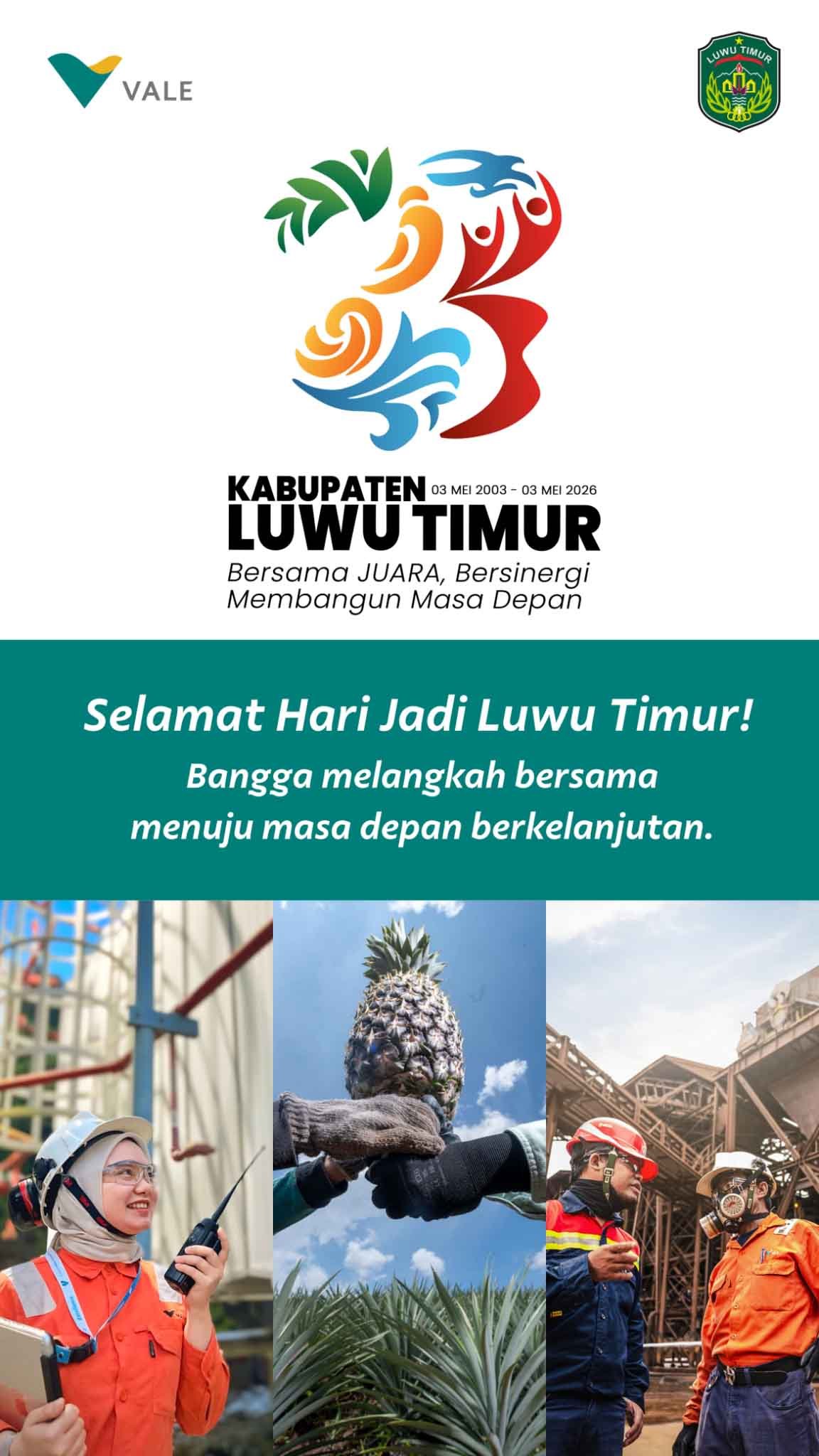 Grafis HUT 23 Tahun Luwu Timur bersama PT Vale tentang pembangunan berkelanjutan