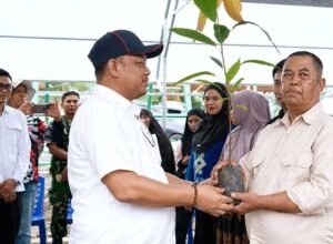 Bupati Luwu Patahudding menyerahkan bibit kakao kepada perwakilan petani di Desa Tampa Kecamatan Ponrang