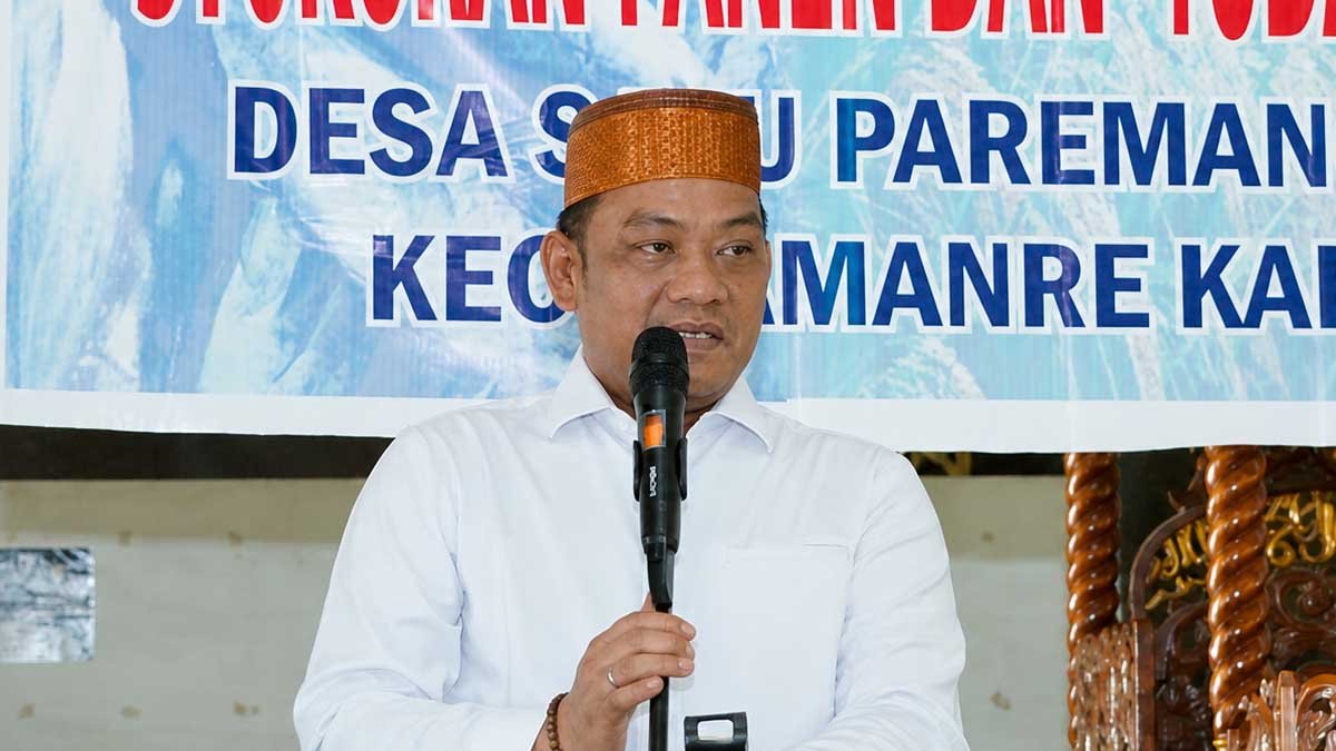 Bupati Luwu Patahudding memberikan sambutan dalam syukuran panen dan tudang sipulung di Salu Paremang Selatan