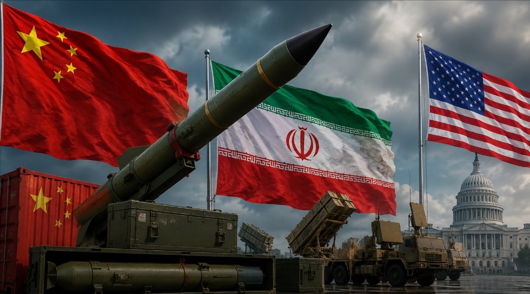 Ilustrasi hubungan Tiongkok, Iran, dan Amerika Serikat terkait laporan dugaan pengiriman rudal pertahanan udara ke Iran pada Juli 2026