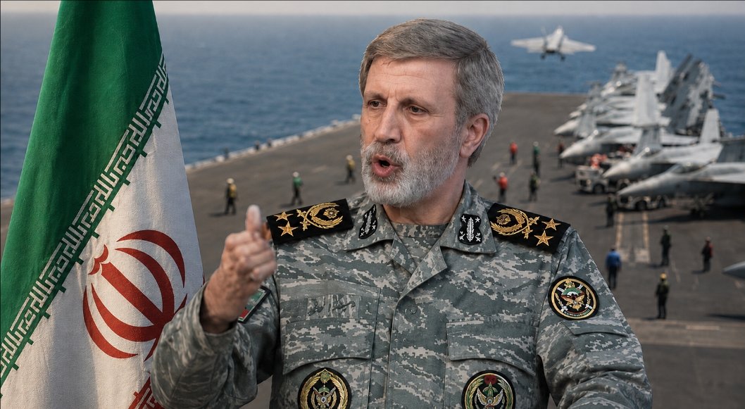 Ilustrasi Amir Hatami dan bendera Iran berlatar kapal induk terkait imbalan bagi penangkap tentara AS.