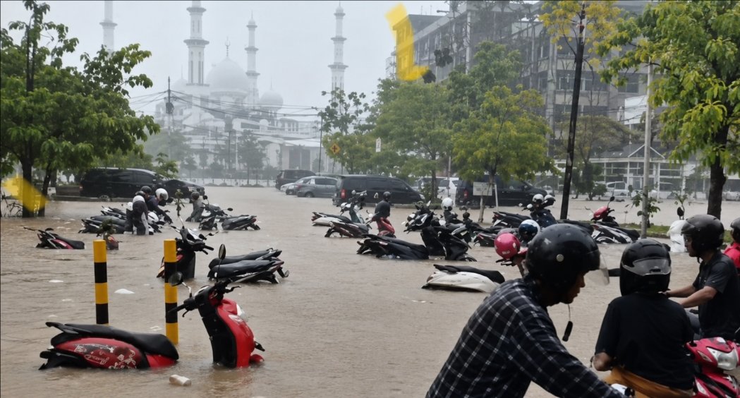 Sepeda motor terendam banjir saat hujan deras melanda Kota Padang, Sumatera Barat