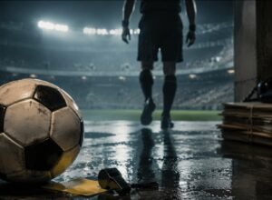 Ilustrasi skandal Calciopoli di Italia dengan bola, peluit wasit, kartu kuning, dan lorong stadion.