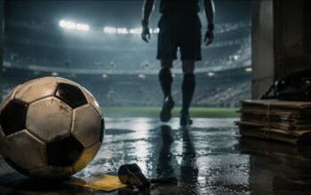Ilustrasi skandal Calciopoli di Italia dengan bola, peluit wasit, kartu kuning, dan lorong stadion.