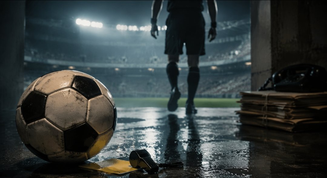 Ilustrasi skandal Calciopoli di Italia dengan bola, peluit wasit, kartu kuning, dan lorong stadion.