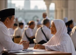 Arab Saudi Blokir Rp66,6 Miliar Uang Muka Haji 2027, Kemenhaj Tempuh Jalur Diplomatik Calon jemaah berdiskusi mengenai persiapan ibadah haji di tengah polemik pemblokiran sebagian dana uang muka Haji 2027 oleh Arab Saudi.