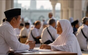 Calon jemaah berdiskusi mengenai persiapan ibadah haji di tengah polemik pemblokiran sebagian dana uang muka Haji 2027 oleh Arab Saudi.