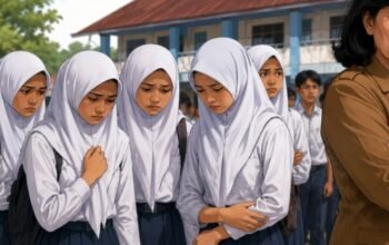 Ilustrasi kepala sekolah di Tana Toraja dan sejumlah siswi berjilbab di lingkungan sekolah