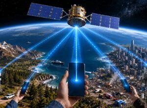 Ilustrasi satelit BlueBird AST SpaceMobile mengirimkan sinyal seluler langsung ke ponsel di berbagai wilayah tanpa perangkat tambahan.