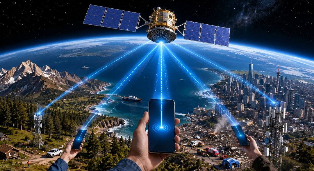Ilustrasi satelit BlueBird AST SpaceMobile mengirimkan sinyal seluler langsung ke ponsel di berbagai wilayah tanpa perangkat tambahan.