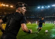Wasit sepak bola memakai kamera di kepala saat memimpin pertandingan di stadion
