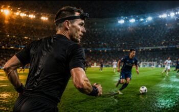 Wasit sepak bola memakai kamera di kepala saat memimpin pertandingan di stadion