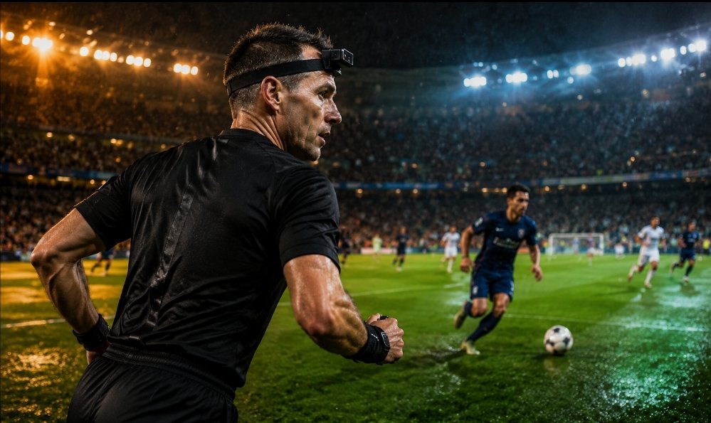 Wasit sepak bola memakai kamera di kepala saat memimpin pertandingan di stadion