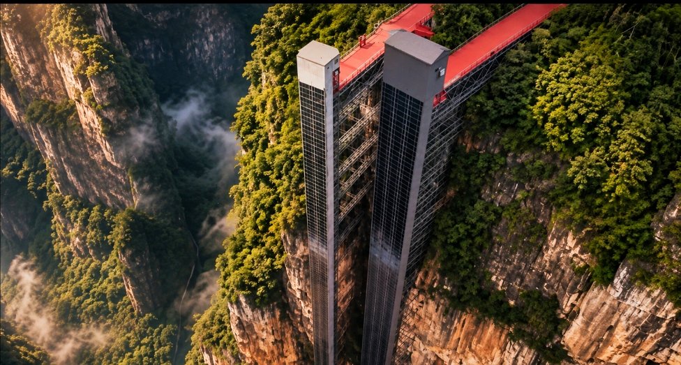 Dua lift tebing di Nizhuhe Grand Canyon, Qujing, China, yang membantu memangkas waktu perjalanan anak sekolah.
