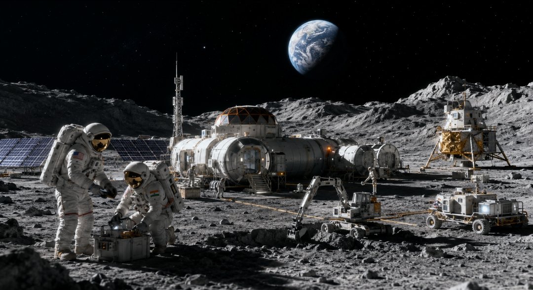 Ilustrasi NASA dan India membangun pangkalan permanen di Bulan