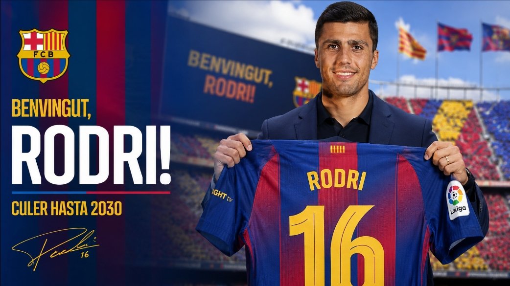 Rodri mengenakan seragam Barcelona pada bursa transfer musim panas 2026