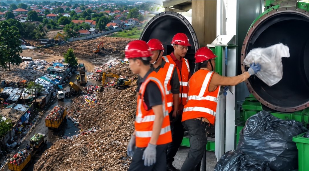 Aktivitas pengelolaan sampah di TPA Tamangapa Makassar sebagai bagian dari transformasi sistem persampahan.