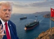 Ilustrasi Donald Trump, kapal tanker dan bendera Oman di Selat Hormuz