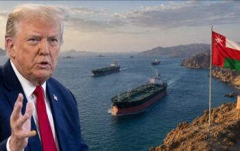 Ilustrasi Donald Trump, kapal tanker dan bendera Oman di Selat Hormuz