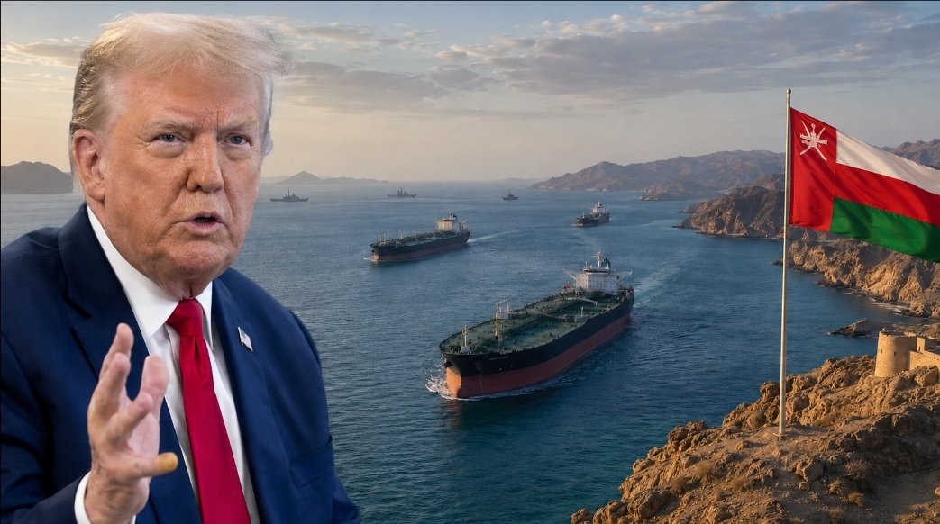Ilustrasi Donald Trump, kapal tanker dan bendera Oman di Selat Hormuz